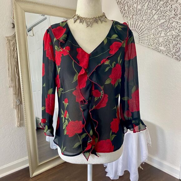 Whimsygoth Black Red Flower Frilly Ruffle Rose Mesh Button Up Vintage Blouse M - Picture 6 of 7